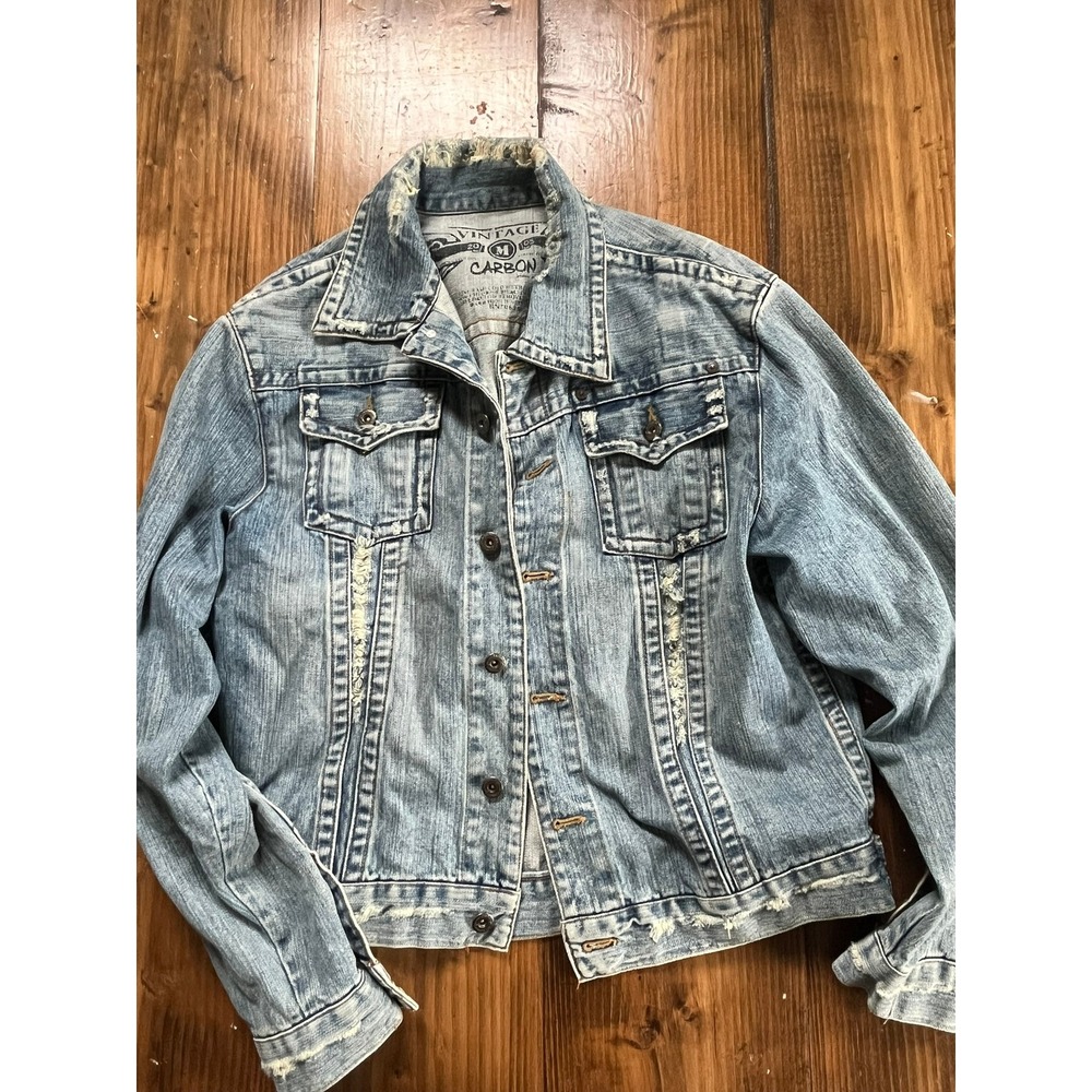 Vintage Carbon Distressed Blue Denim Trucker Jacket Mens Medium‎ Frayed Wash
